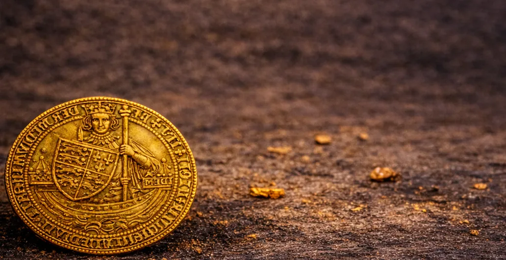 Medieval gold noble coin on dark background with gold dust