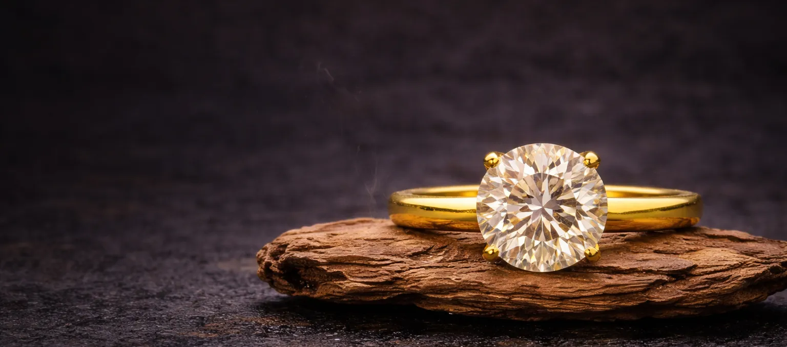 Diamond solitaire ring in yellow gold on wood